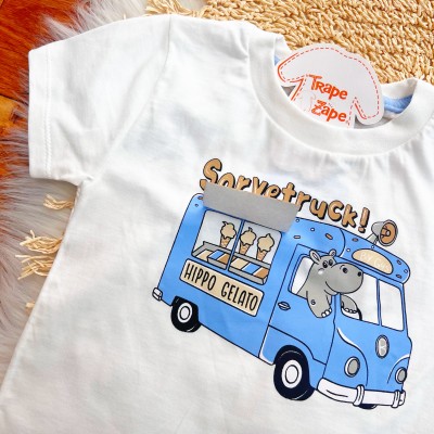 Conj. Camiseta Sorvetruck e Bermuda - Branco e Azul Bebê